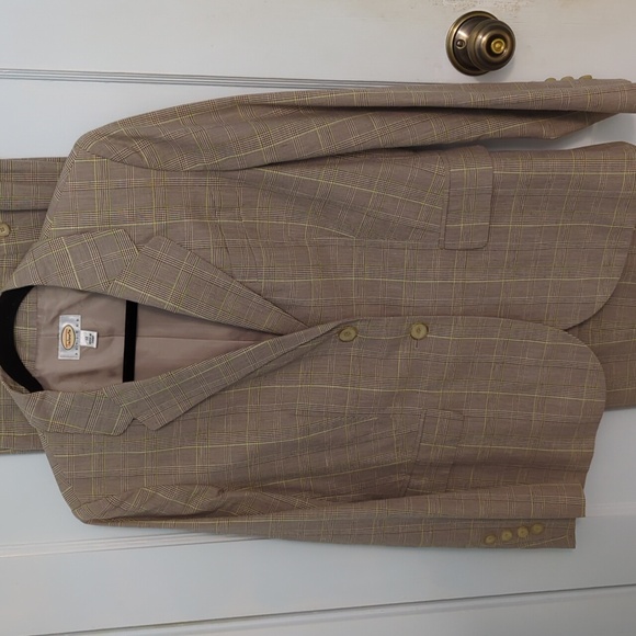 Talbots Sz 12 Petite Tan Cotton Linen Plaid Pantsuit - Picture 2 of 6